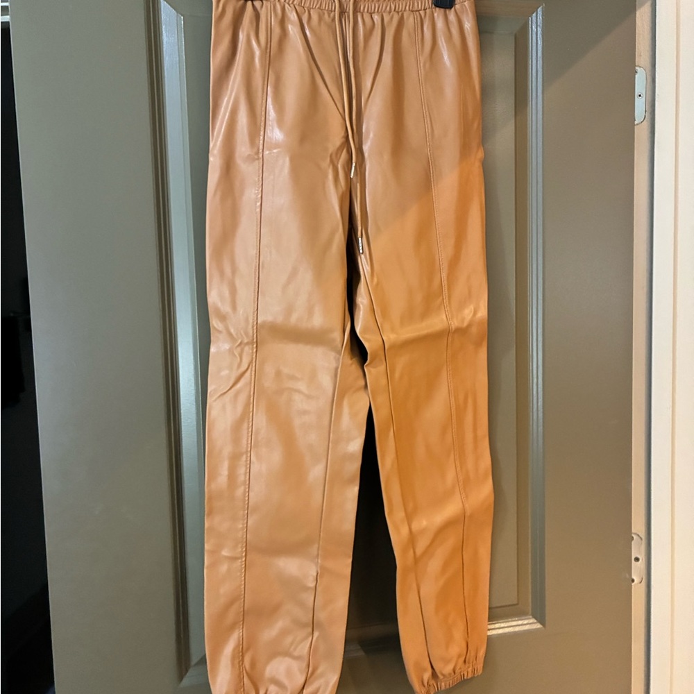 Tan Faux Leather Jogger Pants
